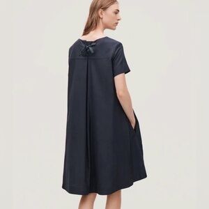 COS Navy Blue Tie Back A-Line Side Pockets Midi Dress Size 8